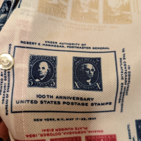 Vintage Jack Winter cream, red tan and blue postage stamp print top size Medium - Picture 8 of 8